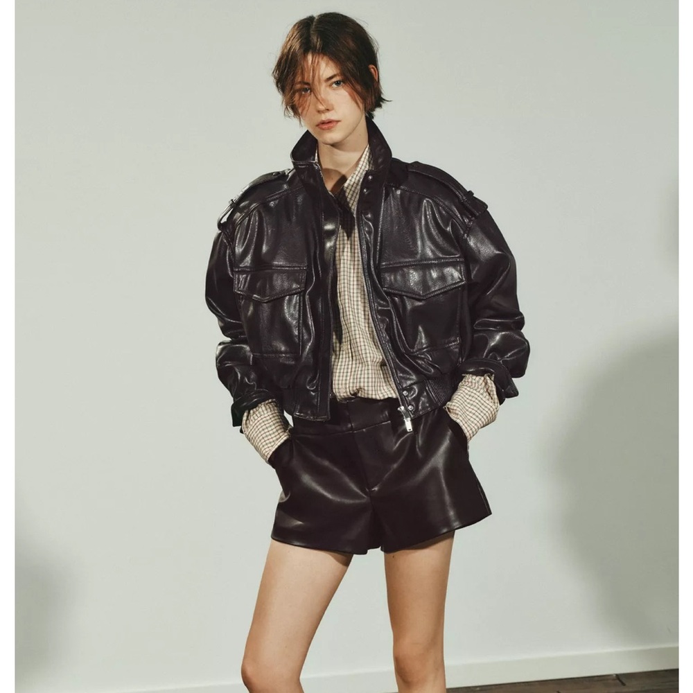 Taupe gray faux leather cropped Jacket with Pockets